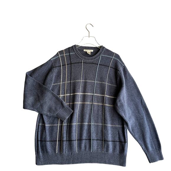 VTG Geoffrey Beene Grandpa Sweater Blue Grey Tan Raised Windowpane Stitch XXL - Picture 1 of 6